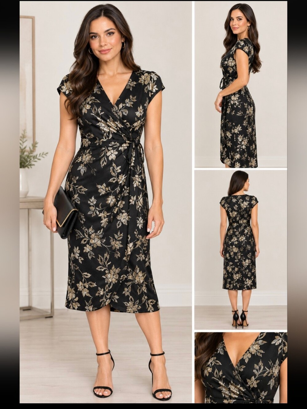 London Times Black Midi Wrap Dress with Gold Floral Accents